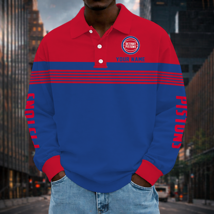 ELITE EDITION - NEW CUSTOMIZED NBA14 DPI DETROIT PISTONS MEN LONG SLEEVE POLO