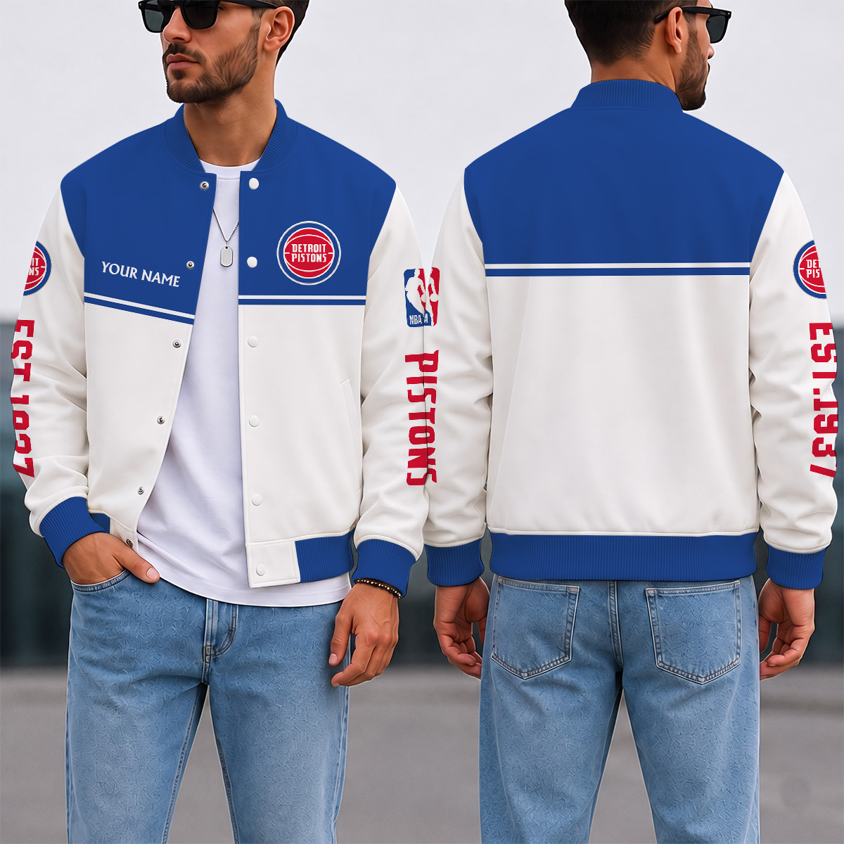 LIMITED EDITION - NEW CUSTOMIZED NBA14 DPI DETROIT PISTONS BASEBALL JACKET, SATIN VARSITY JACKET