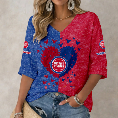 LIMITED EDITION - NEW CUSTOMIZED NBA14 DPI DETROIT PISTONS WOMEN'S HEART V-NECK LONG SLEEVE SHIRT