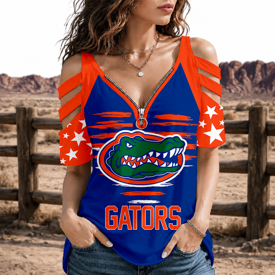 [FAN FAVORITE] NEW CUSTOMIZED NCAA MAM14 FLG FLORIDA GATORS STRAPPY COLD-SHOULDER TOP