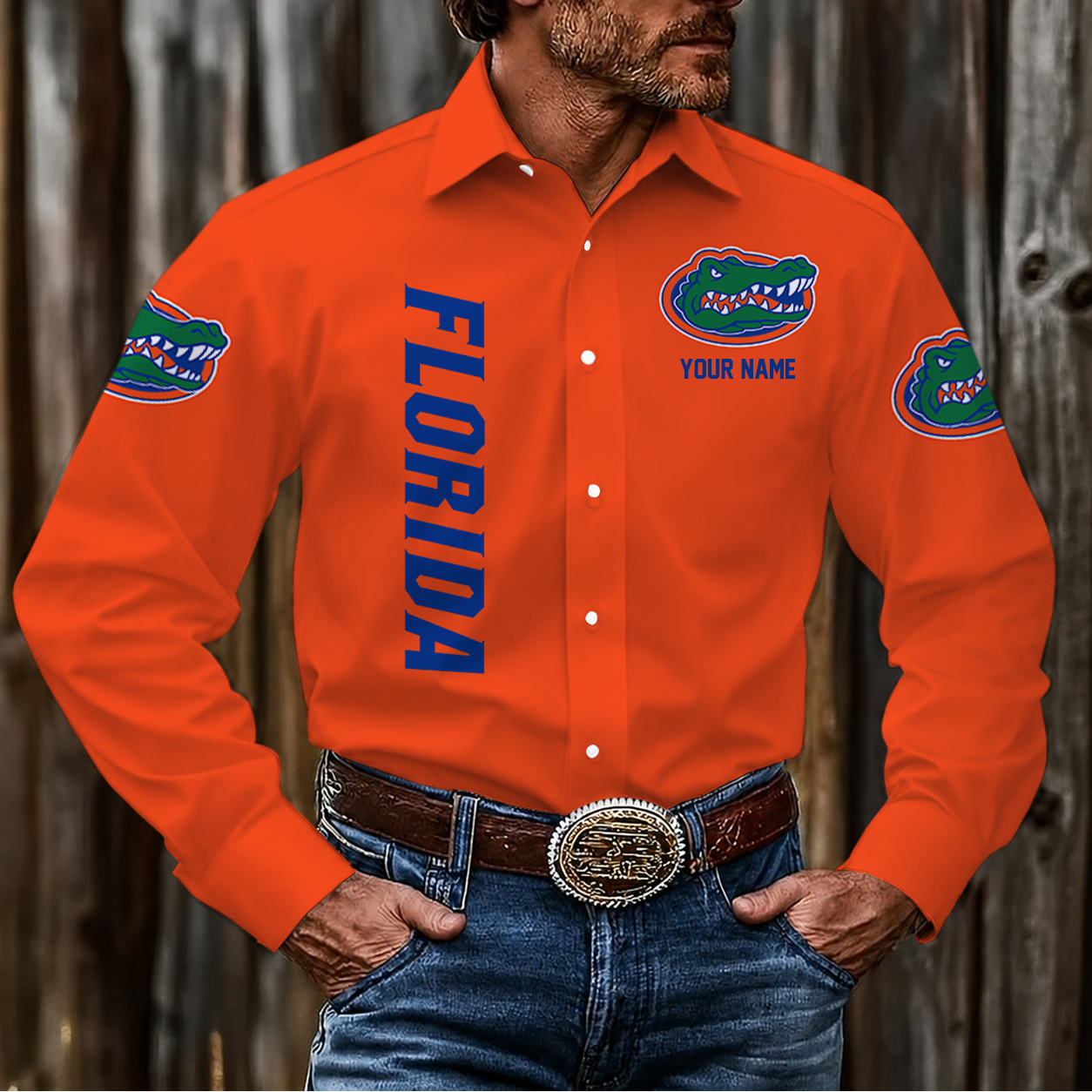 EXCLUSIVE EDITION - NEW CUSTOMIZED NCAA MAM14 FLG FLORIDA GATORS MEN'S LONG SLEEVE BUTTON-UP SHIRT