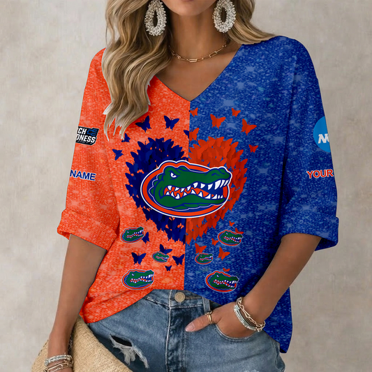 LIMITED EDITION - NEW CUSTOMIZED NCAA MAM14 FLG FLORIDA GATORS WOMEN'S HEART V-NECK LONG SLEEVE SHIRT