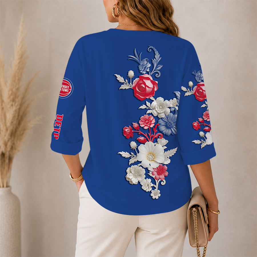 [HOT DEAL] NEW CUSTOMIZED NBA14 DPI DETROIT PISTONS WOMEN'S V-NECK LONG SLEEVE SHIRT