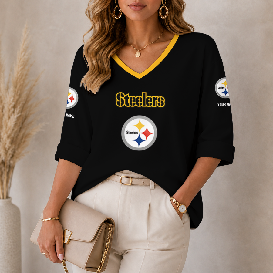 [SPECIAL OFFER] NEW CUSTOMIZED NFL14 PSB PITTSBURGH STEELERS WOMEN'S HEART V-NECK LONG SLEEVE SHIRT