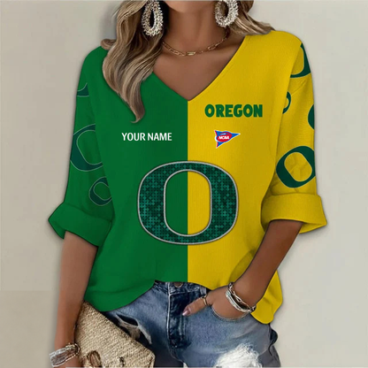 ELITE EDITION - NEW CUSTOMIZED NCAA FBS14 OGD OREGON DUCKS WOMEN'S HEART V-NECK LONG SLEEVE SHIRT