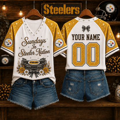 EXCLUSIVE EDITION - NEW CUSTOMIZED NFL14 PSB PITTSBURGH STEELERS V-NECK FEMALE SHIRT