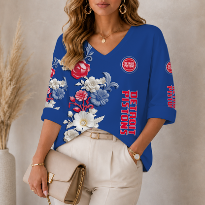 [HOT DEAL] NEW CUSTOMIZED NBA14 DPI DETROIT PISTONS WOMEN'S V-NECK LONG SLEEVE SHIRT