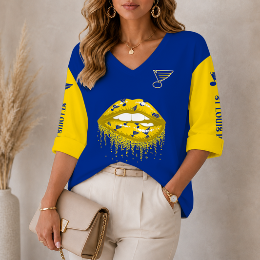 [SUPER SALE] NEW CUSTOMIZED NHL14 SLB ST. LOUIS BLUES WOMEN'S HEART V-NECK LONG SLEEVE SHIRT