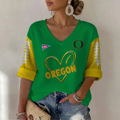 ELITE EDITION - NEW CUSTOMIZED NCAA FBS14 OGD OREGON DUCKS WOMEN'S HEART V-NECK LONG SLEEVE SHIRT