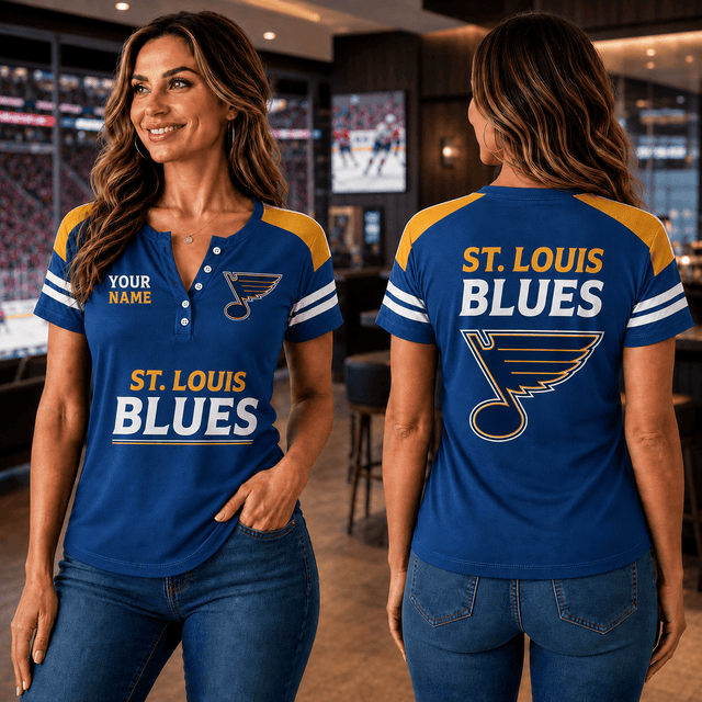 SPECIAL EDITION - NEW CUSTOMIZED NHL14 SLB ST. LOUIS BLUES WOMEN'S SHORT SLEEVE HENLEY T-SHIRT