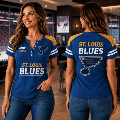 SPECIAL EDITION - NEW CUSTOMIZED NHL14 SLB ST. LOUIS BLUES WOMEN'S SHORT SLEEVE HENLEY T-SHIRT