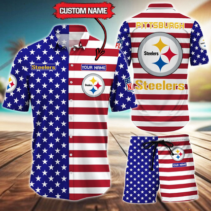 ELITE EDITION  - NEW CUSTOMIZED NFL14 PSB PITTSBURGH STEELERS UNISEX INDEPENDENCE DAY HAWAIIAN SHIRT & SHORTS SET