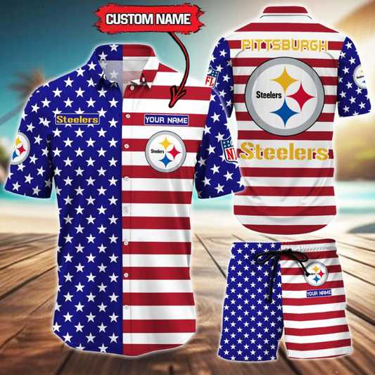 ELITE EDITION  - NEW CUSTOMIZED NFL14 PSB PITTSBURGH STEELERS UNISEX INDEPENDENCE DAY HAWAIIAN SHIRT & SHORTS SET