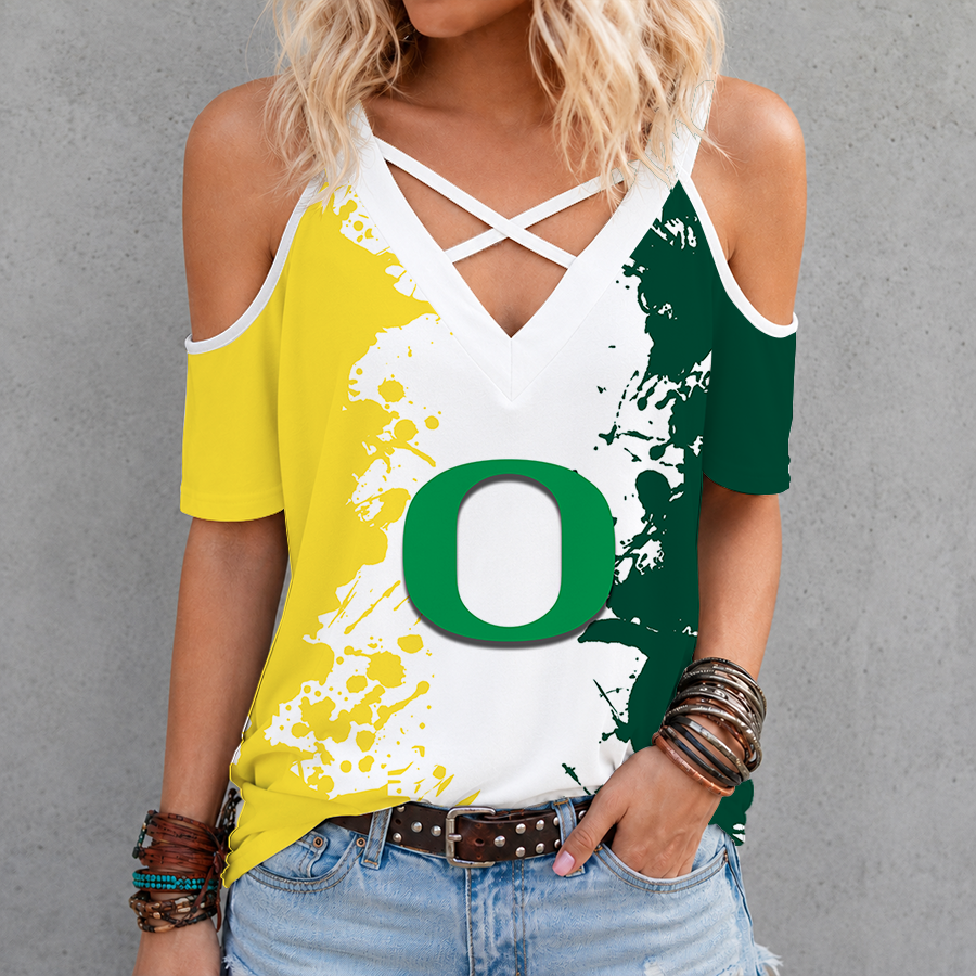 [FAN FAVORITE] NEW CUSTOMIZED NCAA FBS14 OGD OREGON DUCKS CRISS CROSS V-NECK TOP