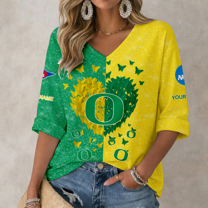 LIMITED EDITION - NEW CUSTOMIZED NCAA FBS14 OGD OREGON DUCKS WOMEN'S HEART V-NECK LONG SLEEVE SHIRT