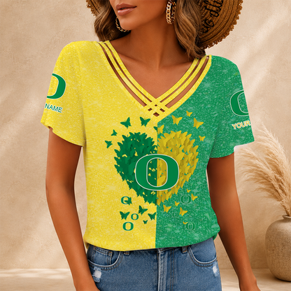 [FAN FAVORITE] NEW CUSTOMIZED NCAA FBS14 OGD OREGON DUCKS V-NECK SHIRT