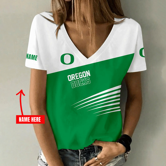[FAN FAVORITE] NEW CUSTOMIZED NCAA FBS14 OGD OREGON DUCKS V-NECK FEMALE SHIRT