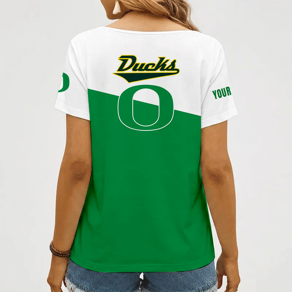 [FAN FAVORITE] NEW CUSTOMIZED NCAA FBS14 OGD OREGON DUCKS V-NECK FEMALE SHIRT