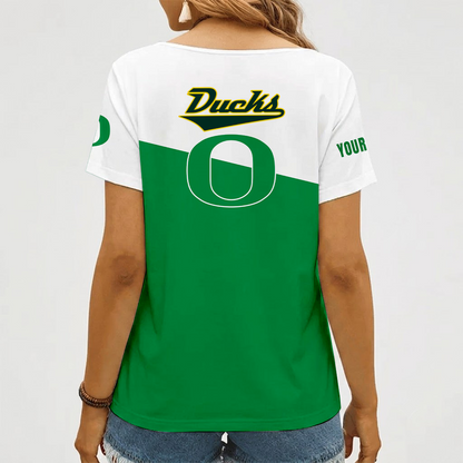[FAN FAVORITE] NEW CUSTOMIZED NCAA FBS14 OGD OREGON DUCKS V-NECK FEMALE SHIRT