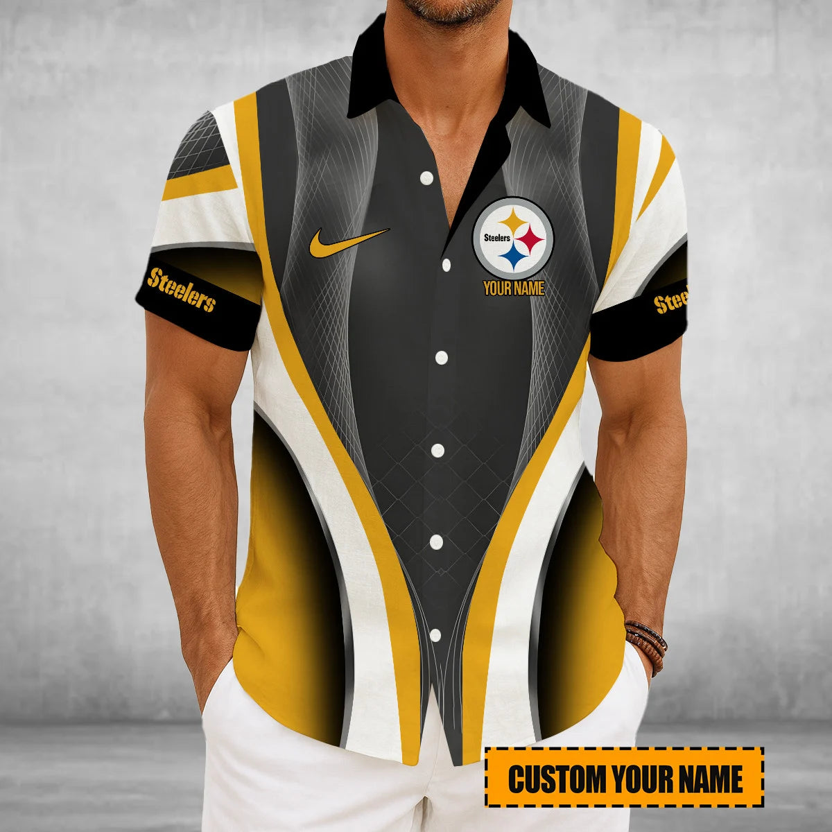 LIMITED EDITION - NEW CUSTOMIZED NFL14 PSB PITTSBURGH STEELERS SHORT SLEEVE BUTTON-UP SHIRT