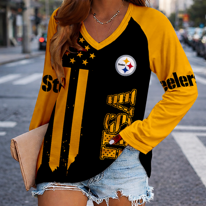 LIMITED EDITION - NEW CUSTOMIZED NFL14 PSB PITTSBURGH STEELERS WOMEN'S V-NECK LONG SLEEVED SHIRT