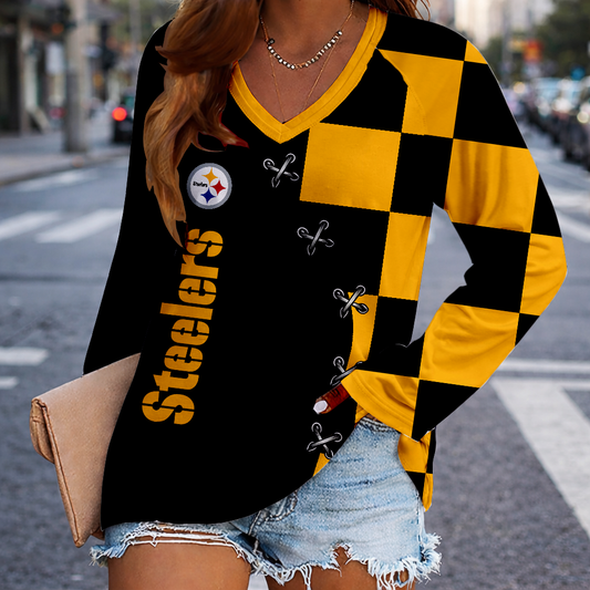 LIMITED EDITION - NEW CUSTOMIZED NFL14 PSB PITTSBURGH STEELERS WOMEN'S V-NECK LONG SLEEVED SHIRT