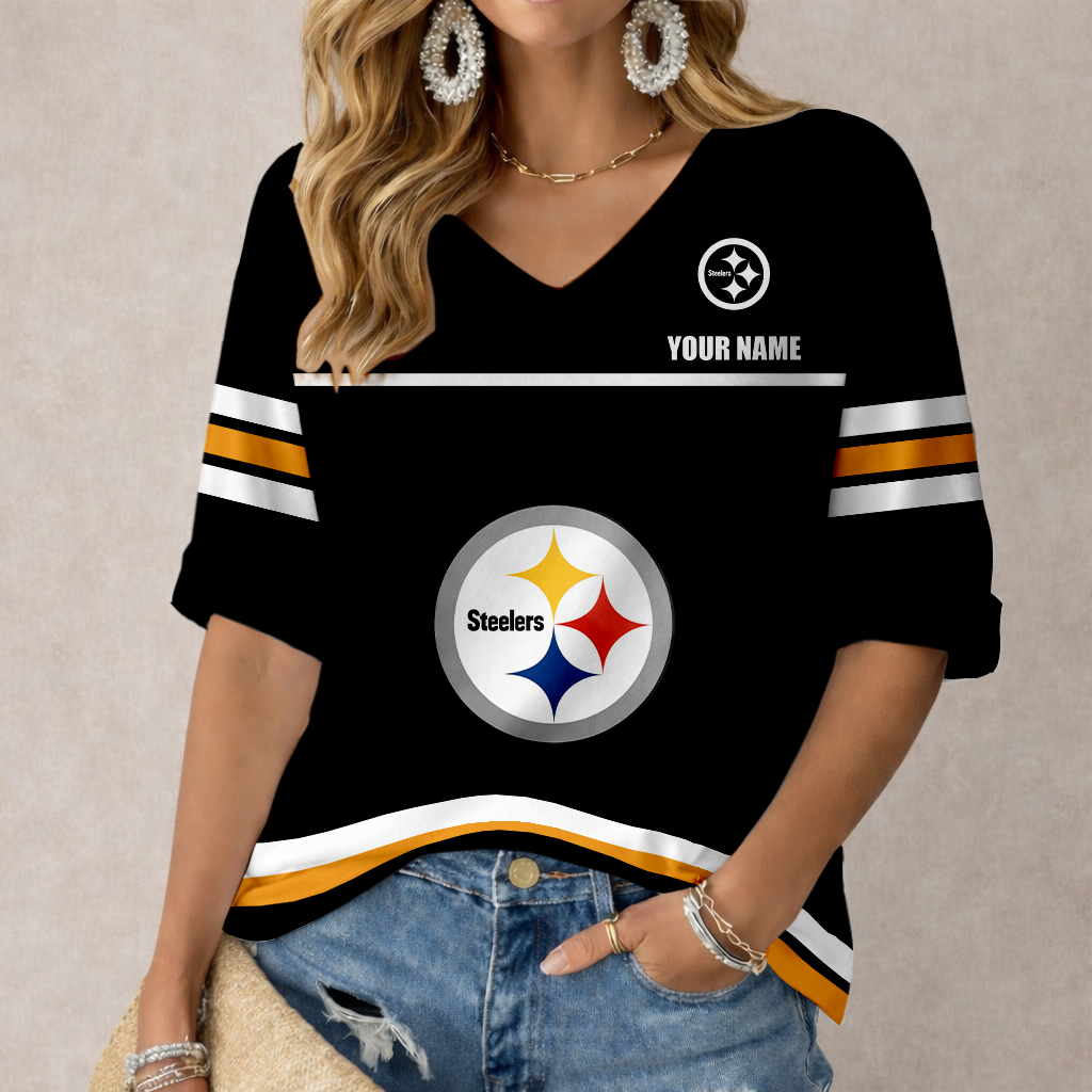 LIMITED EDITION - NEW CUSTOMIZED NFL14 PSB PITTSBURGH STEELERS WOMEN'S V-NECK MID-SLEEVE SHIRT