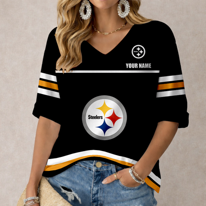 LIMITED EDITION - NEW CUSTOMIZED NFL14 PSB PITTSBURGH STEELERS WOMEN'S V-NECK MID-SLEEVE SHIRT