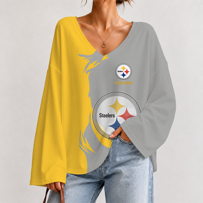 [SPECIAL OFFER] NEW CUSTOMIZED NFL14 PSB PITTSBURGH STEELERS V NECK LONG SLEEVED CROP TOP