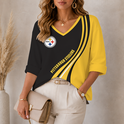 [SPECIAL OFFER] NEW CUSTOMIZED NFL14 PSB PITTSBURGH STEELERS WOMEN'S HEART V-NECK LONG SLEEVE SHIRT