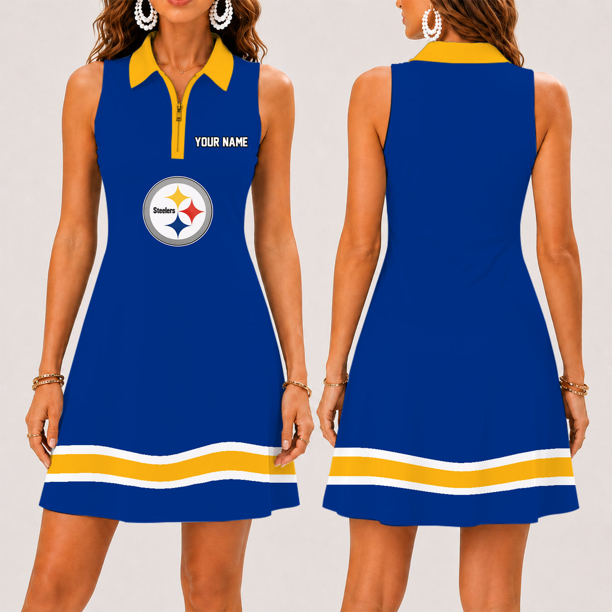[SPECIAL OFFER] NEW CUSTOMIZED NFL14 PSB PITTSBURGH STEELERS WOMEN'S ZIP SLEEVELESS POLO DRESS