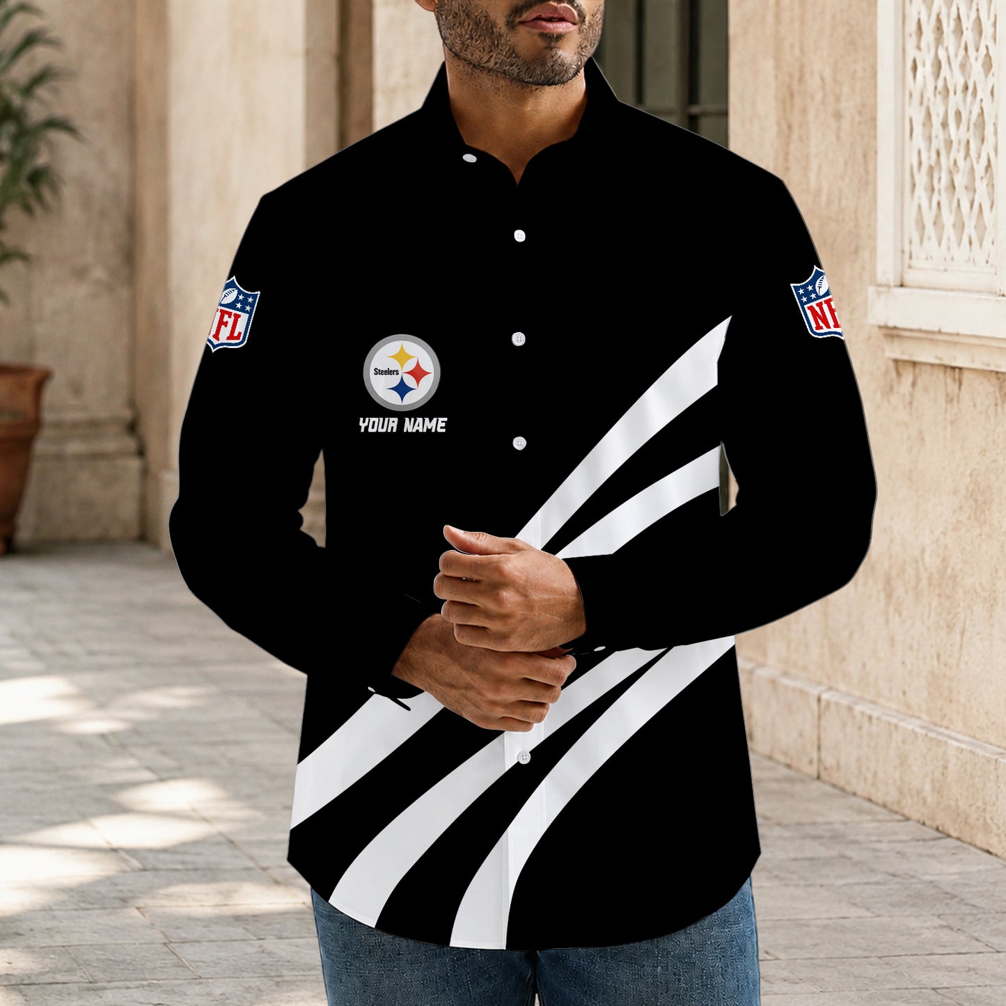 [SPECIAL OFFER] NEW CUSTOMIZED NFL14 PSB PITTSBURGH STEELERS MEN'S LONG SLEEVE BUTTON-UP SHIRT