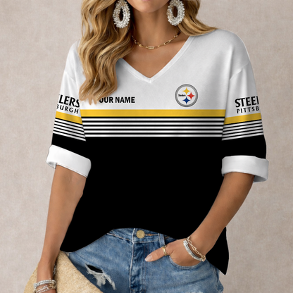 VIRAL EDITION - NEW CUSTOMIZED NFL14 PSB PITTSBURGH STEELERS WOMEN'S HEART V-NECK LONG SLEEVE SHIRT