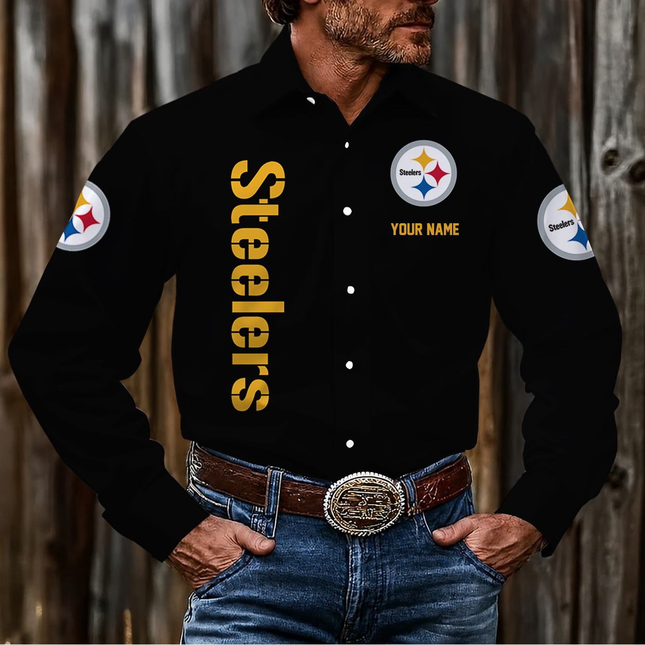 LIMITED EDITION - NEW CUSTOMIZED NFL14 PSB PITTSBURGH STEELERS MEN'S LONG SLEEVE BUTTON-UP SHIRT