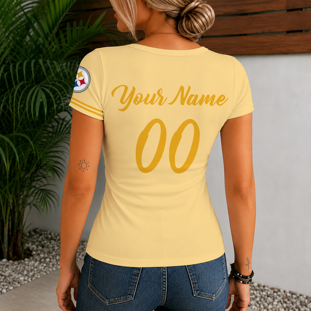 [SPECIAL OFFER] NEW CUSTOMIZED NFL14 PSB PITTSBURGH STEELERS WOMEN'S SHORT SLEEVE HENLEY T-SHIRT