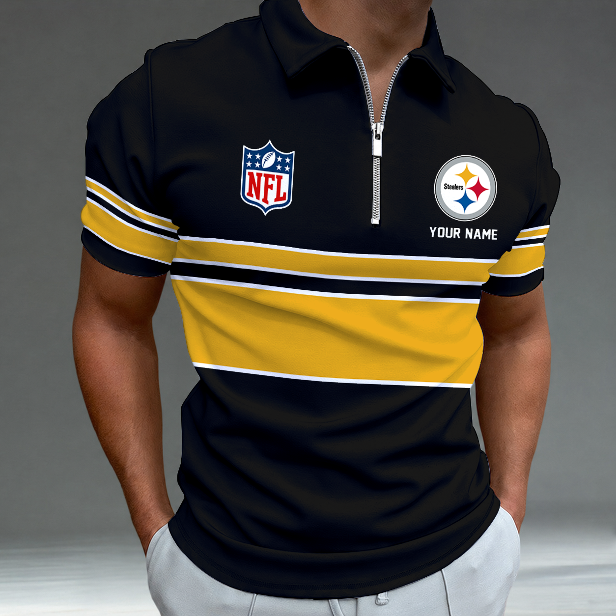 [SPECIAL OFFER] NEW CUSTOMIZED NFL14 PSB PITTSBURGH STEELERS ZIP POLO SHIRT