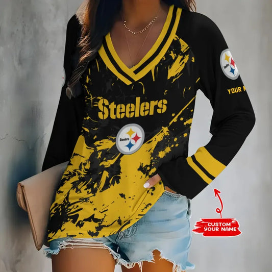 [SPECIAL OFFER] NEW CUSTOMIZED NFL14 PSB PITTSBURGH STEELERS WOMEN'S V-NECK LONG SLEEVED SHIRT