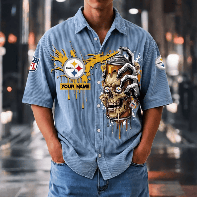 [SPECIAL OFFER] NEW CUSTOMIZED NFL14 PSB PITTSBURGH STEELERS SEERSUCKER BUTTON SHIRT