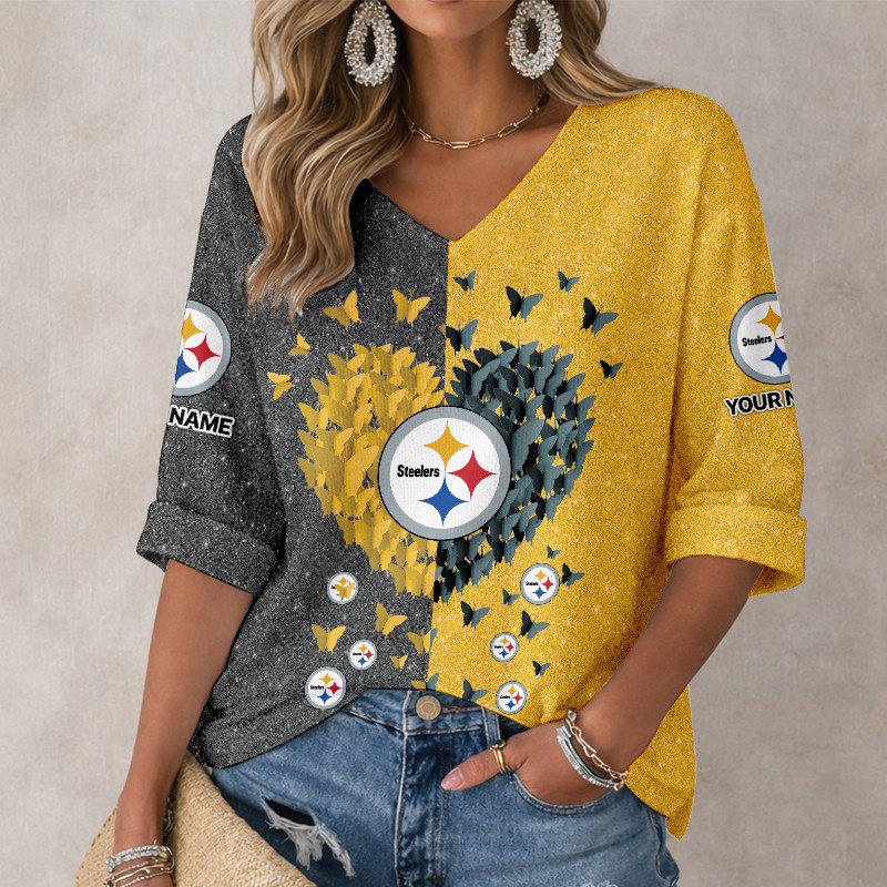 LIMITED EDITION - NEW CUSTOMIZED NFL14 PSB PITTSBURGH STEELERS WOMEN'S HEART V-NECK LONG SLEEVE SHIRT