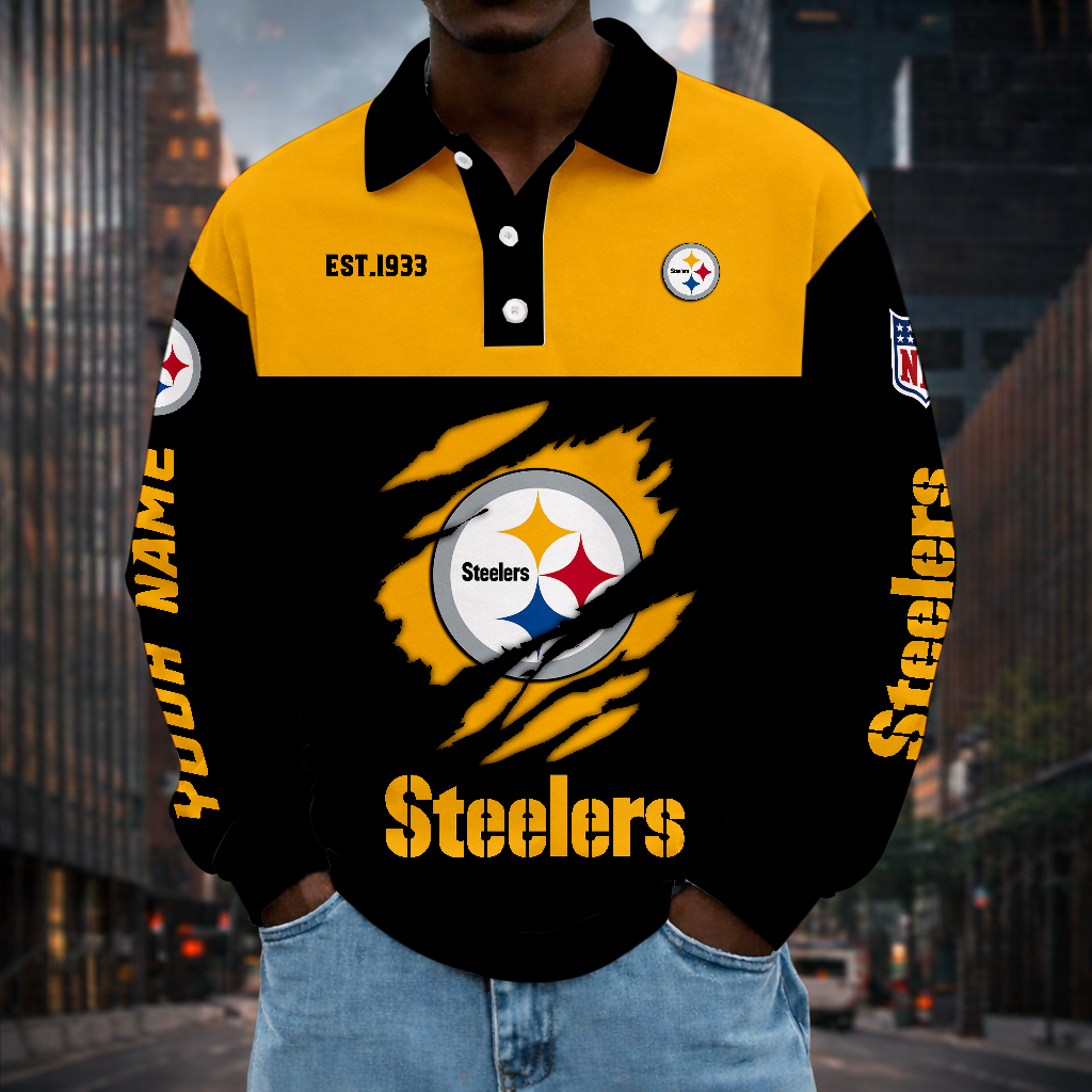 LIMITED EDITION - NEW CUSTOMIZED NFL14 PSB PITTSBURGH STEELERS MEN LONG SLEEVE POLO