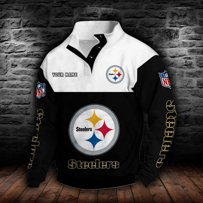 LIMITED EDITION - NEW CUSTOMIZED NFL14 PSB PITTSBURGH STEELERS QUARTER-BUTTON STAND-COLLAR SWEATSHIRT