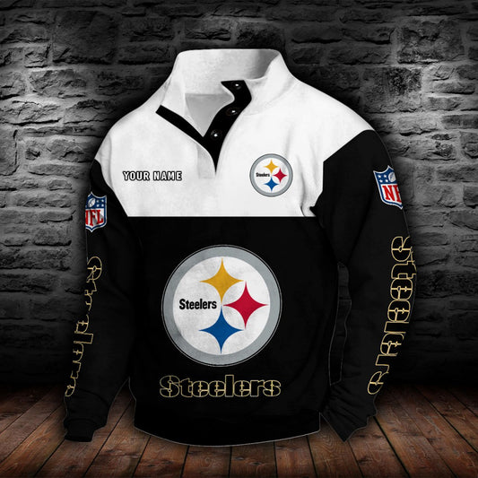 LIMITED EDITION - NEW CUSTOMIZED NFL14 PSB PITTSBURGH STEELERS QUARTER-BUTTON STAND-COLLAR SWEATSHIRT