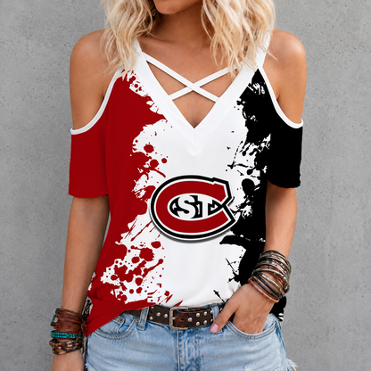 [FAN FAVORITE] NEW CUSTOMIZED NCAA MFF14 SCH ST. CLOUD STATE HUSKIES CRISS CROSS V-NECK TOP
