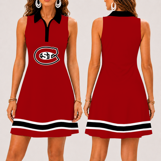 [FAN FAVORITE] NEW CUSTOMIZED NCAA MFF14 SCH ST. CLOUD STATE HUSKIES WOMEN'S ZIP SLEEVELESS POLO DRESS