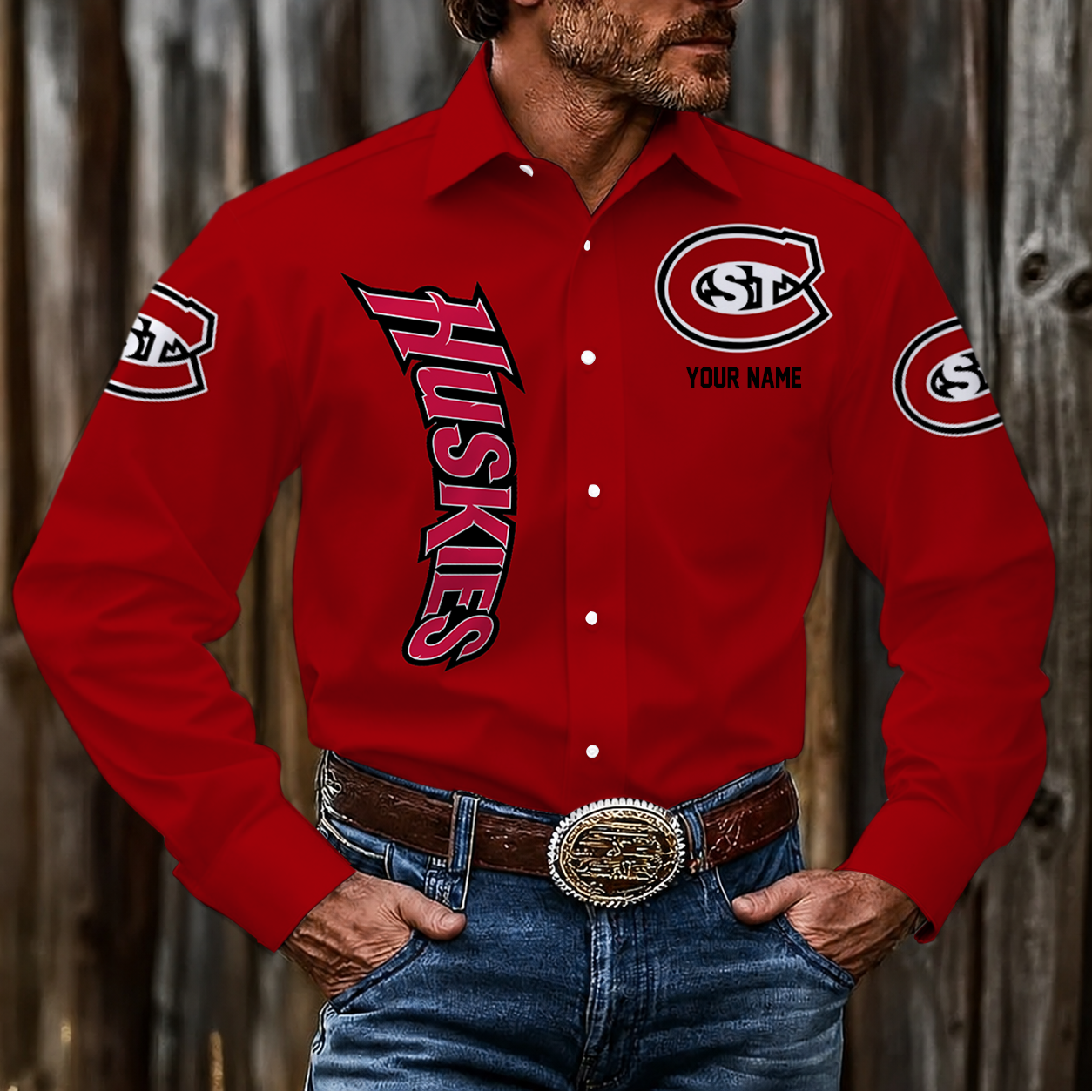 LIMITED EDITION - NEW CUSTOMIZED NCAA MFF14 SCH ST. CLOUD STATE HUSKIES MEN'S LONG SLEEVE BUTTON-UP SHIRT