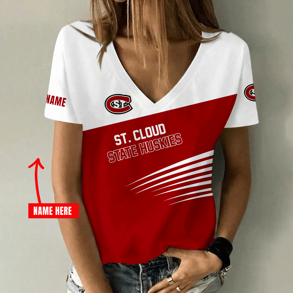 [FAN FAVORITE] NEW CUSTOMIZED NCAA MFF14 SCH ST. CLOUD STATE HUSKIES V-NECK FEMALE SHIRT