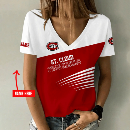 [FAN FAVORITE] NEW CUSTOMIZED NCAA MFF14 SCH ST. CLOUD STATE HUSKIES V-NECK FEMALE SHIRT