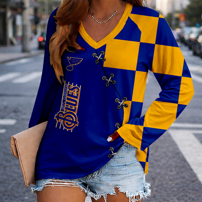 LIMITED EDITION - NEW CUSTOMIZED NHL14 SLB ST. LOUIS BLUES WOMEN'S V-NECK LONG SLEEVED SHIRT