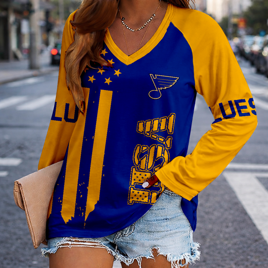 LIMITED EDITION - NEW CUSTOMIZED NHL14 SLB ST. LOUIS BLUES WOMEN'S V-NECK LONG SLEEVED SHIRT