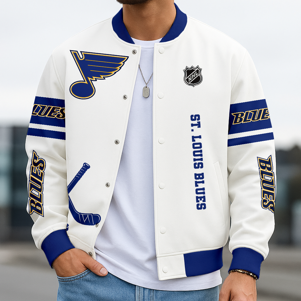LIMITED EDITION - NEW CUSTOMIZED NHL14 SLB ST. LOUIS BLUES BASEBALL JACKET, SATIN VARSITY JACKET